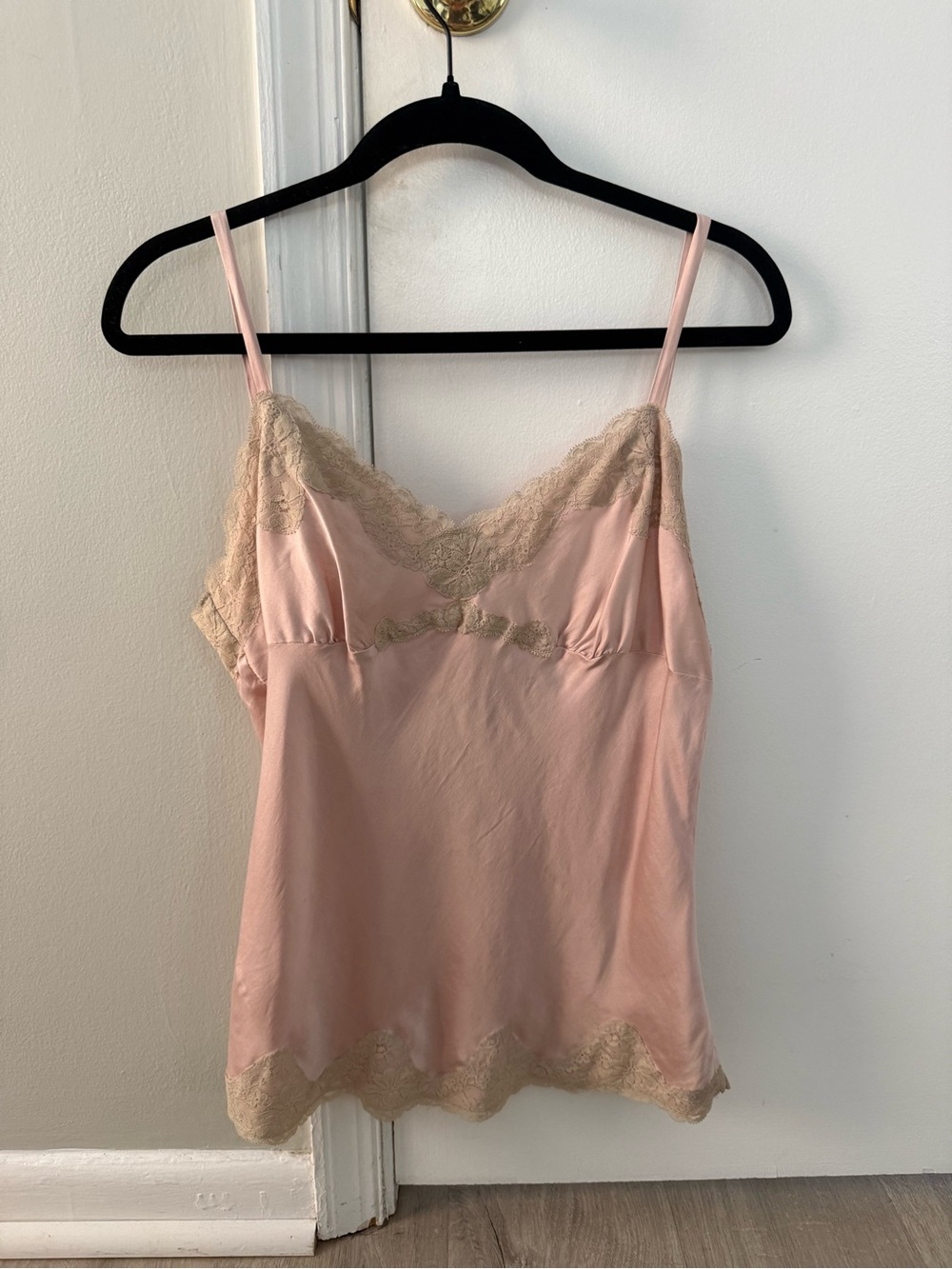 Vintage Light Pink and Beige Satin Lace Tank Top